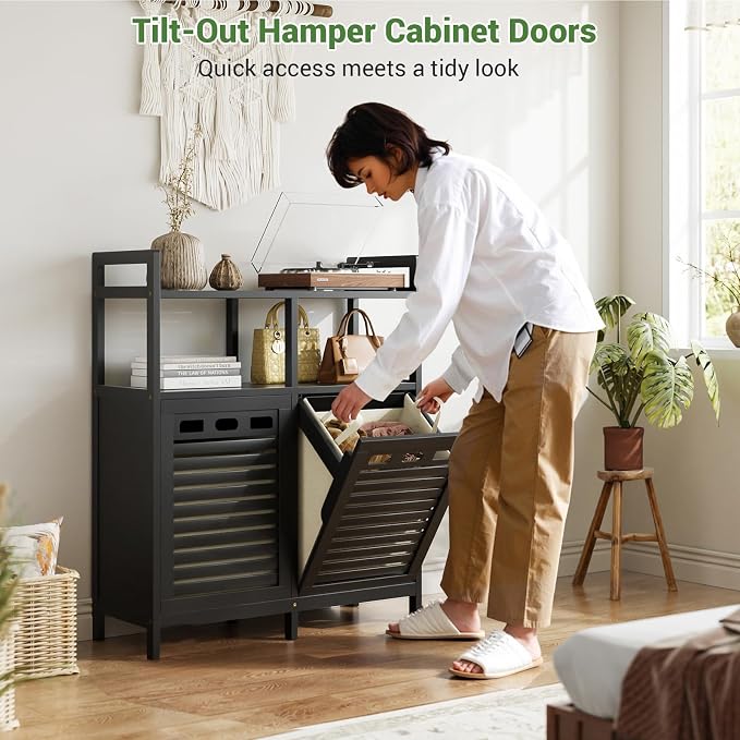 Homykic Tilt Out Laundry Hamper Cabinet, Bamboo Double Laundry Hamper - Image 4