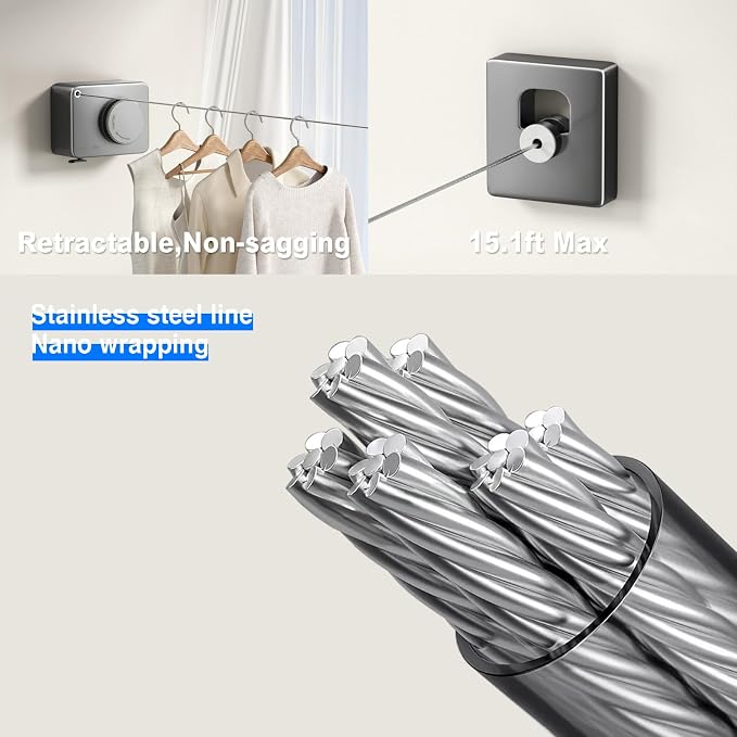 Retractable Clothesline Indoor, Non-Sagging Outdoor Clothes Line Retracting - Image 2