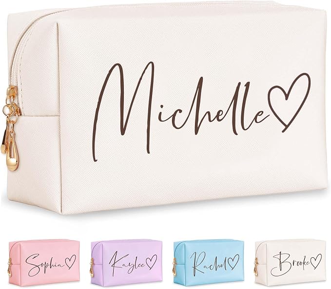Personalized Makeup Bag with Name & Birth Flower, Custom Leather Cosmetic Bags by Fincekoom