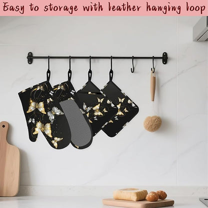 Golden Butterfly Heat-Resistant Silicone Oven Mitts and Pot Holders 4 Piece Set - Image 5