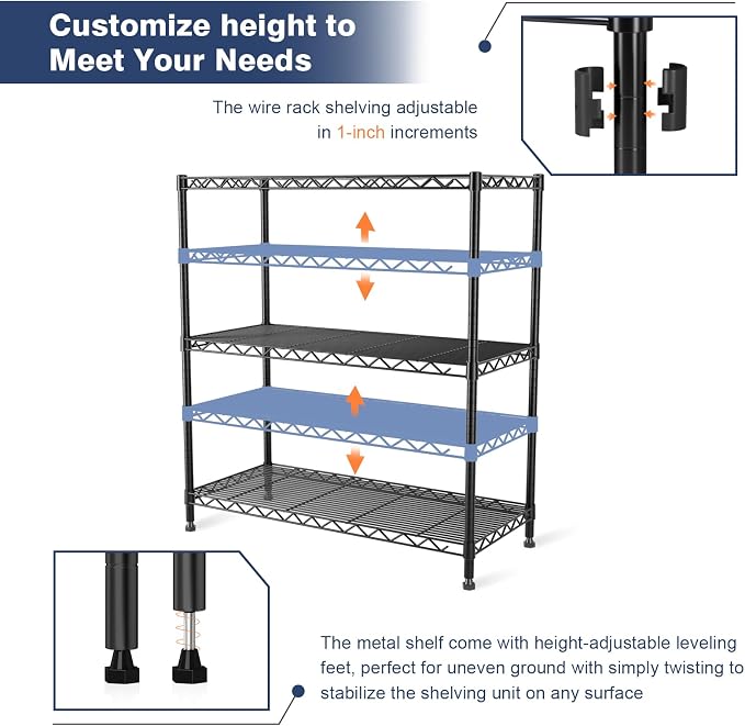 3 Tier Wire Shelf, Height Adjustable Design, 35.4"Wx17.7Dx36.5H, Lockable - Image 6