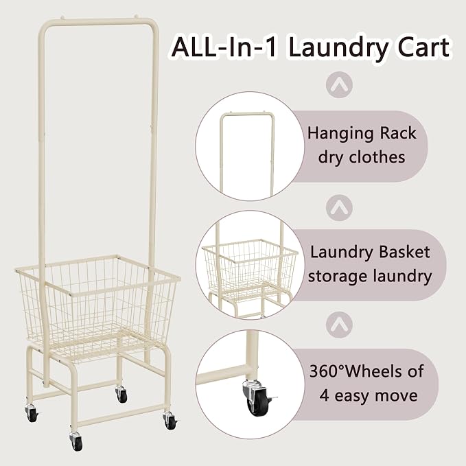 Rolling Laundry Cart with Wheels, Laundry Hamper Basket Organizer with Clothes - Image 4