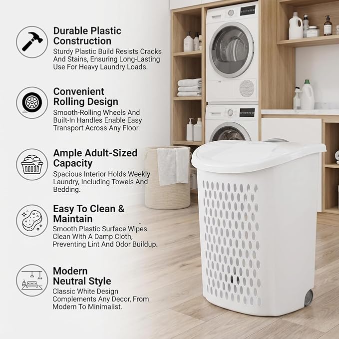 White Wheeled Plastic Laundry Hamper – Adult-Sized Rolling Basket - Image 2