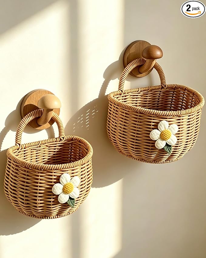 2 Pack Wall Hanging Rattan Baskets, Hand-Woven Storage Basket, Small Wall by QienRiny