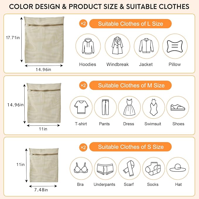 6-Piece Bag, Durable Cotton Mesh Laundry Bag, Sturdy Zipper, Breathable Mesh - Image 4