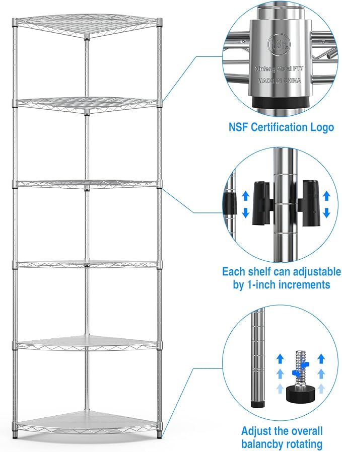 6 Tier Narrow Corner Wire Shelving Unit NSF Metal Shelf, 420lbs Capacity - Image 6