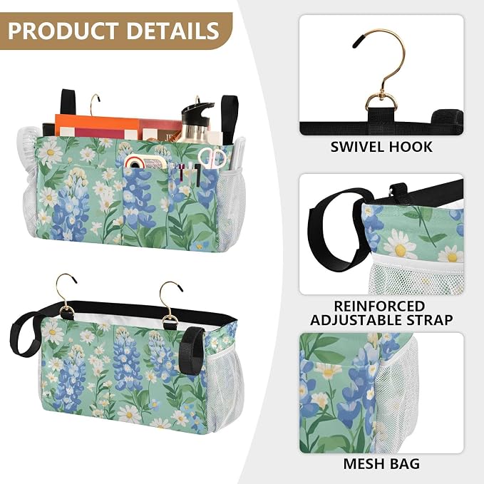 Mint Green Bluebonnet and Daisies Bedside Caddy - Image 5