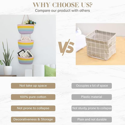 TeoKJ Over the Door Hanging Basket, 3-Tier Woven Cotton Wall-Mounted Storage - Image 9