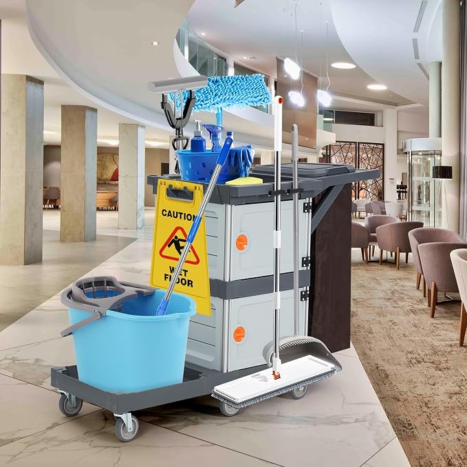 Commercial Janitorial Cart, 3-Shelf Housekeeping Cleaning Cart - Image 7