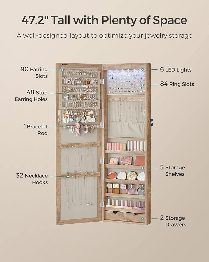 SONGMICS 6 LEDs Mirror Jewelry Cabinet, 47.2-Inch Tall Lockable Wall or Door - Image 5