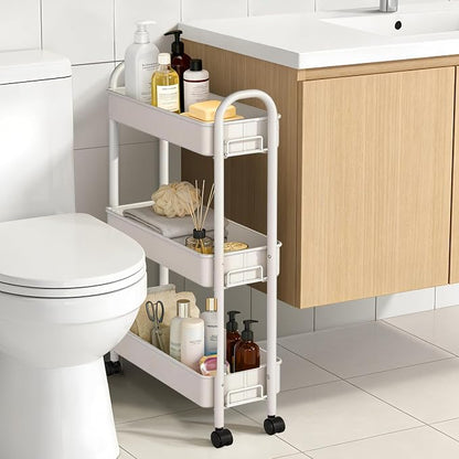 Slim Rolling Cart, Metal Frame Utility Rolling 3-Tier Narrow Storage Cart | - Image 4
