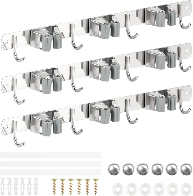 3 Pack Broom Holder Wall Mount 3 Racks 4 Hooks Stainless Steel Broom Mop Holder - Image 7