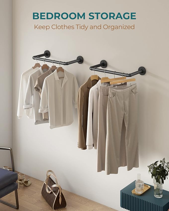 OROPY Industrial Pipe Clothes Rack, Heavy Duty Wall Mounted Iron Garment Bar | - Image 2