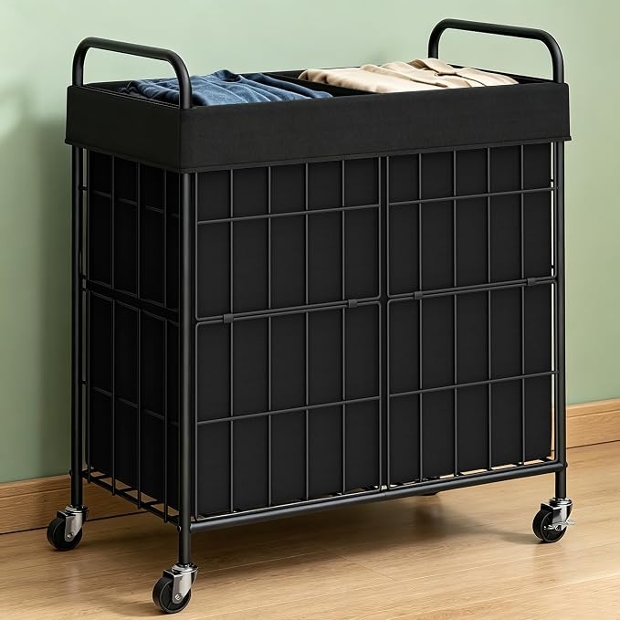 2 Section Laundry Hamper with Wheels and Brake, 100L Laundry Sorter Cart with 2 by Heeytilly