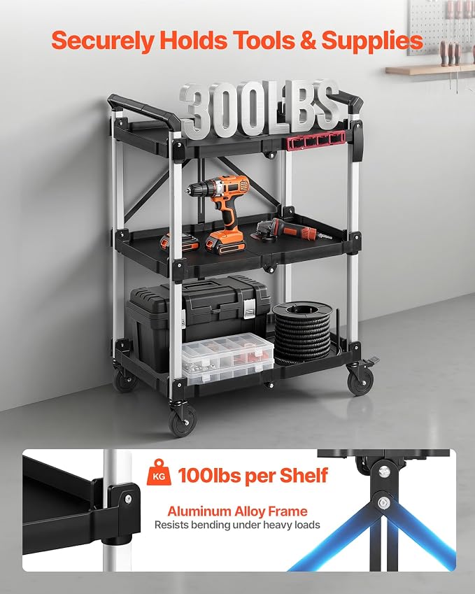 VEVOR 3 Shelf Heavy Duty Folding Jobsite Cart, 3 Tier Rolling Cart - Image 3