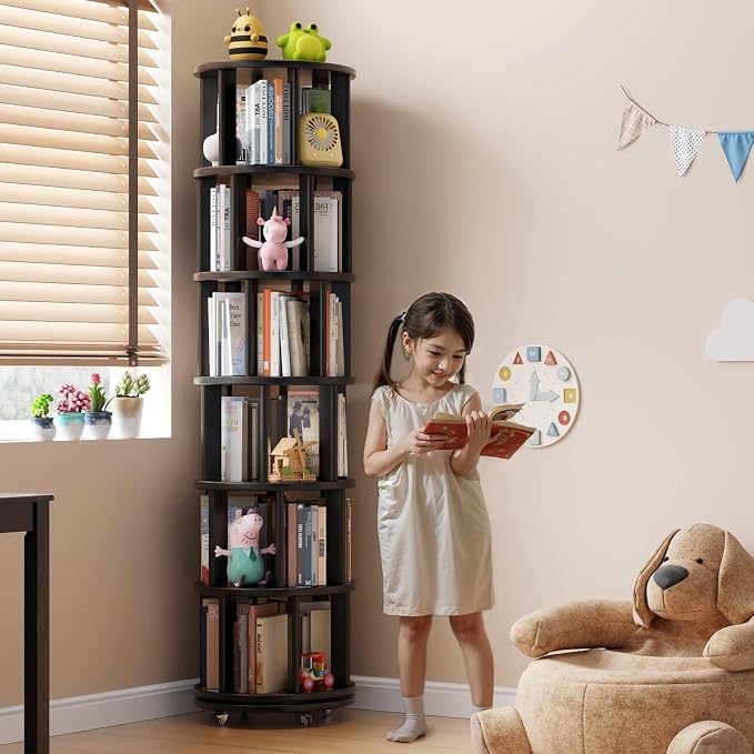 Solid Wood Rotating Bookshelf on Wheels, 6 Tier, Round Revolving Bookcase - Image 3