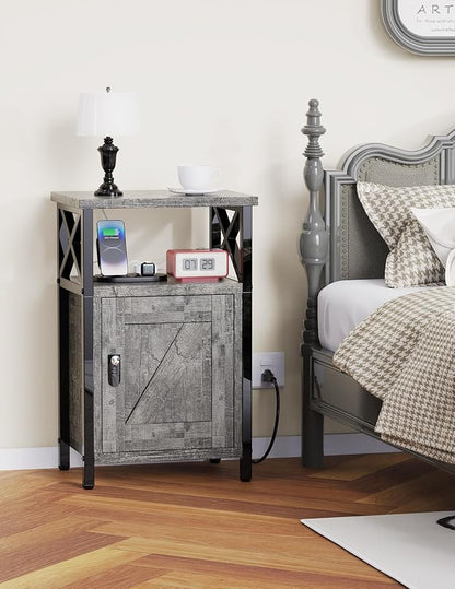 runjuly Wooden Nightstand with Lock Cabinet and Charging Station, Ash Grey | - Image 2