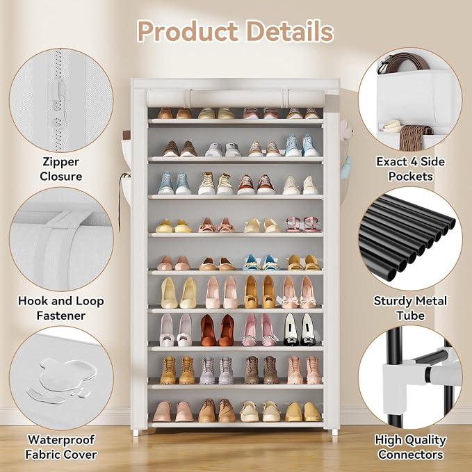 LANTEFUL Shoe Rack with Covers 10 Tier Tall Shoe Rack Organizer Large Capacity - Image 4