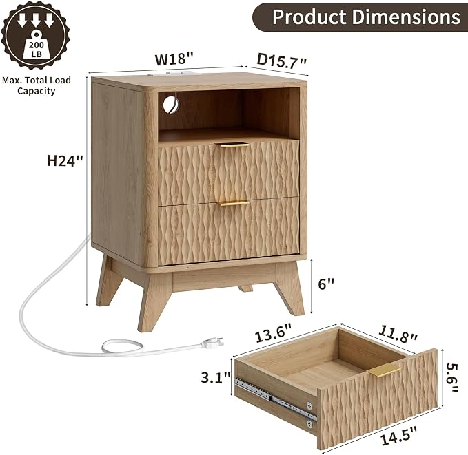 Fluted Nightstand with Charging Station, Bedside Table - Image 2