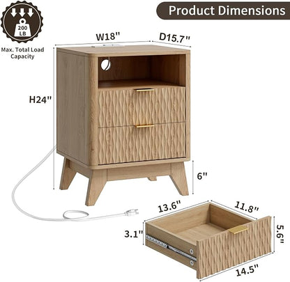 Fluted Nightstand with Charging Station, Bedside Table - Image 2