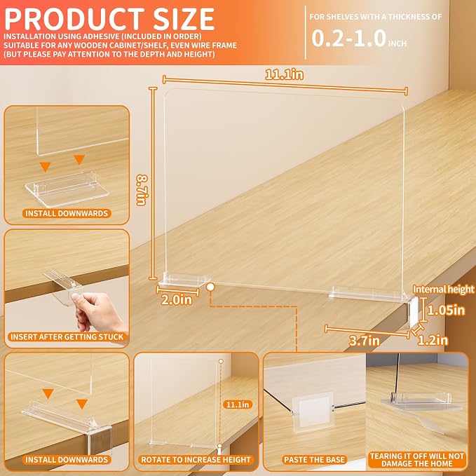 Yieach Adjustable Height Clear Shelf Dividers, 10 Pack Acrylic Closet Shelf - Image 3