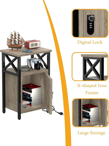 runjuly Wooden Nightstand with Lock Cabinet and Charging Station, Greige | 1 - Image 5
