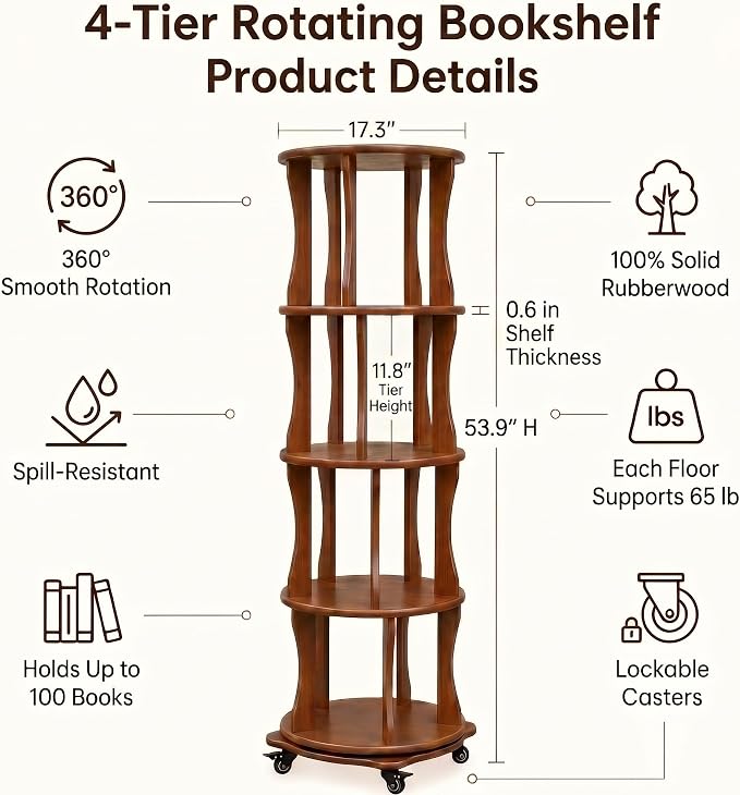 Rotating Bookshelf Tower 4 Tier Corner Bookshelf 360° Spinning Bookshelf | - Image 2