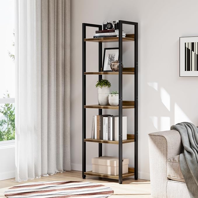 NUMENN Narrow Bookshelf, 5 Tier Freestanding Shelving Unit, Dark Walnut | Metal - Image 5