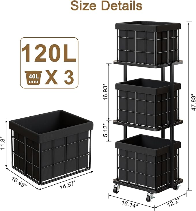 120L Vertical Rolling Laundry Hamper - Image 3