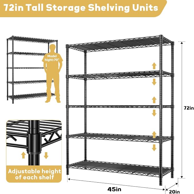 Storage Shelves Heavy Duty, 5-Tier Adjustable Metal Utility Rack, Wire Shelf - Image 3
