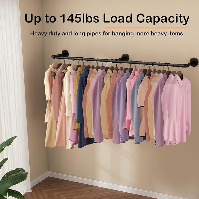 Wall Mounted Clothes Rack 52.6in, Industrial Pipe Clothing Racks Wall Mount - Image 6