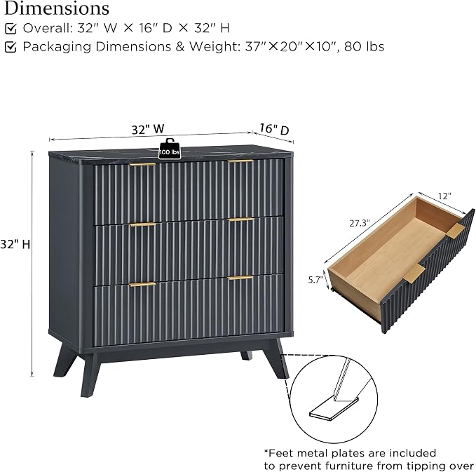 T4TREAM Fluted 3 Drawer Dresser, Curved Profile Design, Wood Drawer Organizer - Image 2