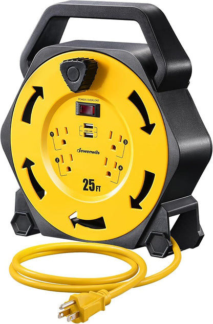 DEWENWILS Cord Reel with 4 Power Outlets, 2-USB Ports, 25FT Retractable by DEWENWILS