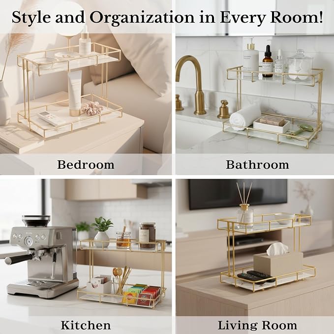 2-Tier White Marble Bathroom Countertop Organizer – Glass Shelves & Gold Metal - Image 4