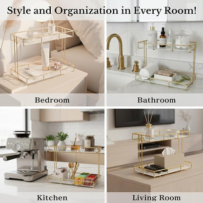 2-Tier White Marble Bathroom Countertop Organizer – Glass Shelves & Gold Metal - Image 4