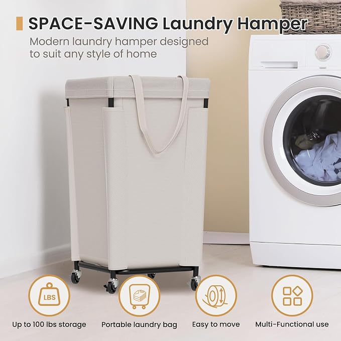 Laundry Basket with Wheels, Laundry Hamper with Removable Bag and Steel Frame - Image 7