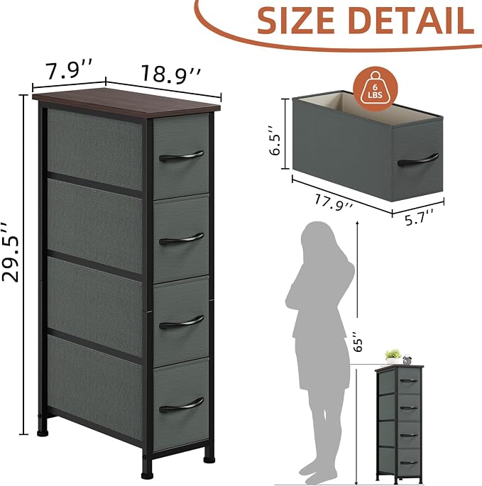 Somdot Narrow Dresser for Bedroom, 4 Drawer Storage Cabinet, Charcoal Grey | - Image 3