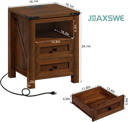 Nightstand with Charging Station and USB Port, Farmhouse Side End Table with 2 - Image 2