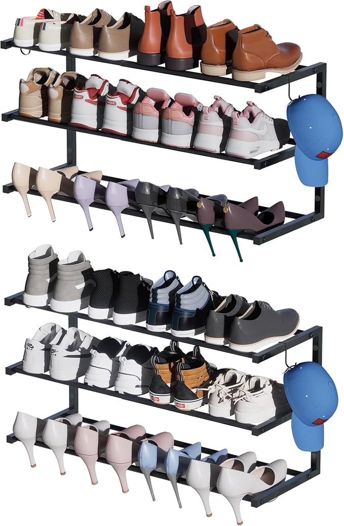 2 Pack Wall Mounted Shoe Rack, 3 Tier Hanging Shoe Rack Holds 24 Pairs by HomeOrganizerandStorage