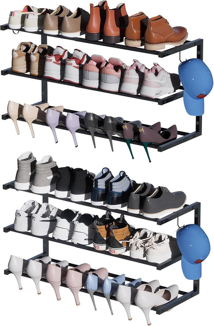 2 Pack Wall Mounted Shoe Rack, 3 Tier Hanging Shoe Rack Holds 24 Pairs by HomeOrganizerandStorage