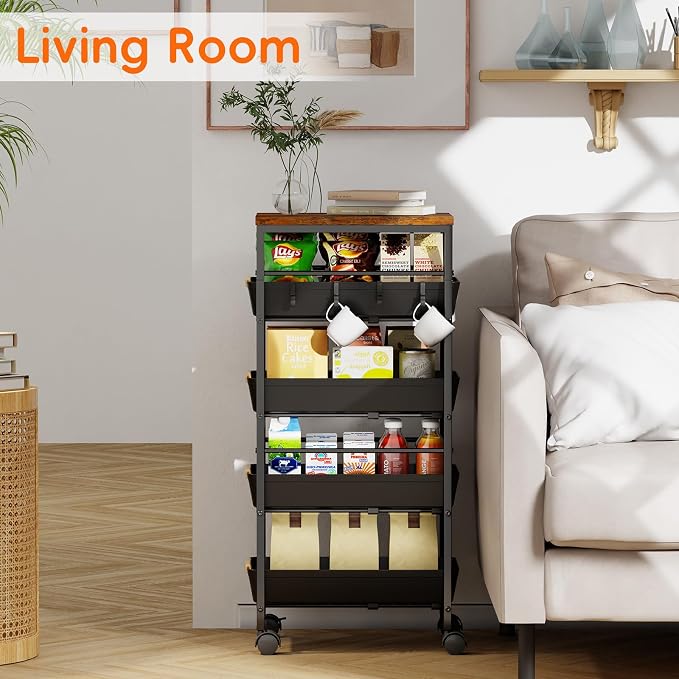 5-Tier Kitchen Storage Cart, Wood Top Rolling Cart Organizer - Image 4