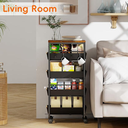5-Tier Kitchen Storage Cart, Wood Top Rolling Cart Organizer - Image 4
