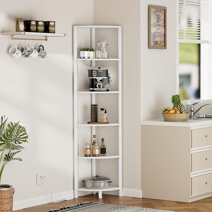 6 Tier Corner Shelf with LED Light, 67.5" White Narrow Bookshelf | Tall - Image 9