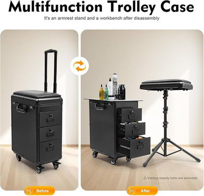 Rolling Makeup Case, 3 Drawers Tattoo Travel Case Makeup Case - Image 5