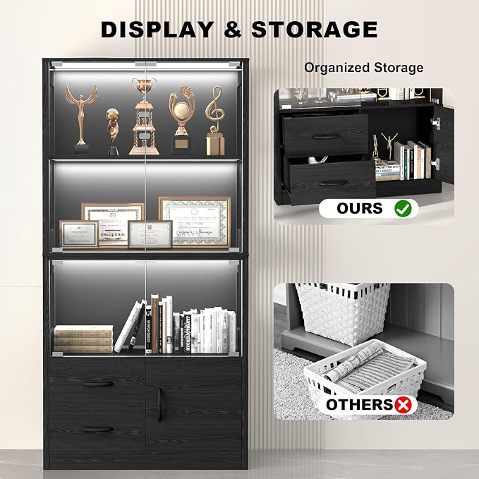 Display Cabinet with Glass Doors, 4-Tier Display Case with 3-Color Lights & - Image 4