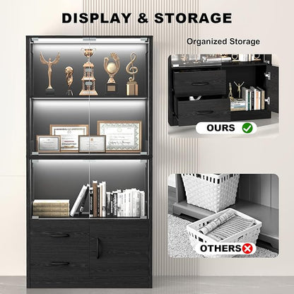 Display Cabinet with Glass Doors, 4-Tier Display Case with 3-Color Lights & - Image 4
