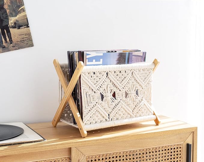 Mkono Macrame Magazine Rack Boho Storage Holder Standing Basket - Image 2