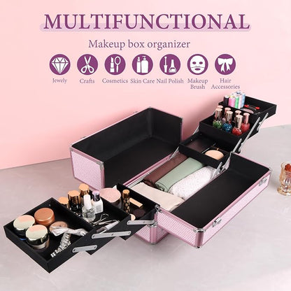 Large Makeup Train Case Cosmetic Organizer Case Makeup Box Portable Make Up - Image 4