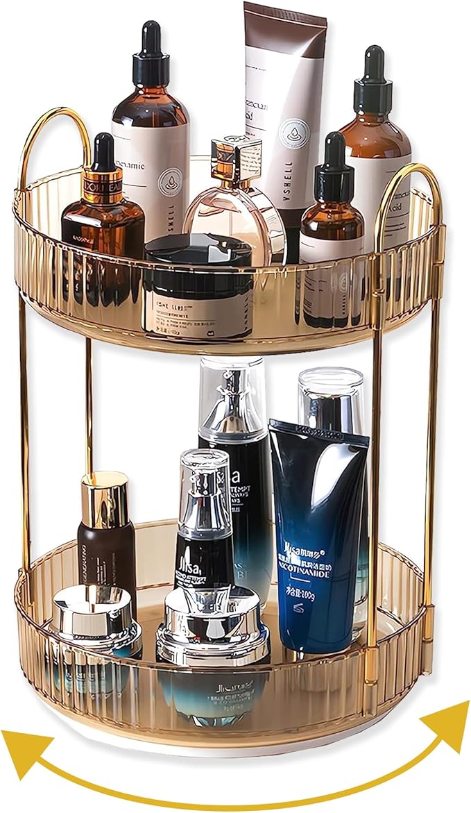 360 Rotating Gold Makeup Organizer, 2 Tier Large Capacity Rotating Makeup by Asayuee