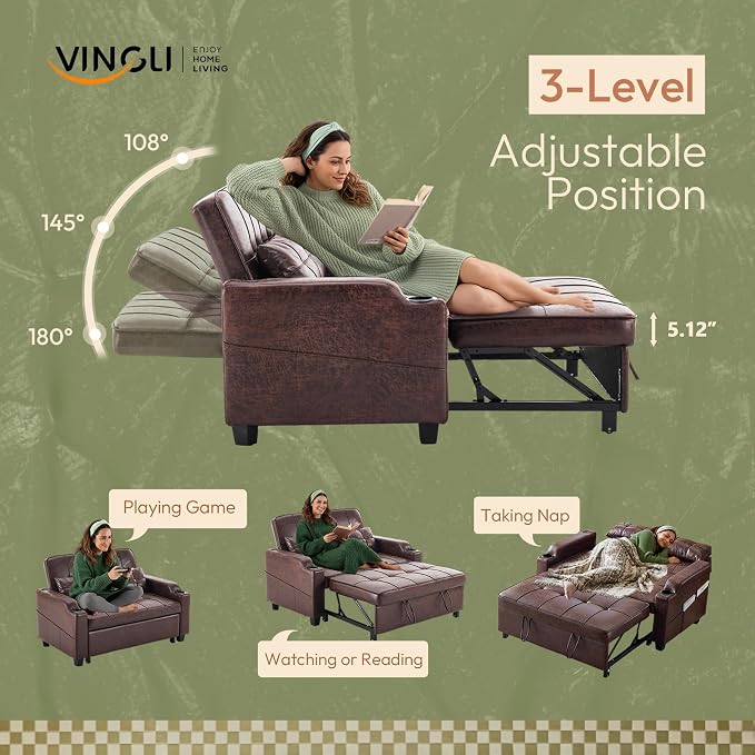 VINGLI Rustic Futon Sofa Bed Convertible Loveseat Sleeper Sofa Couch, Pullout - Image 4